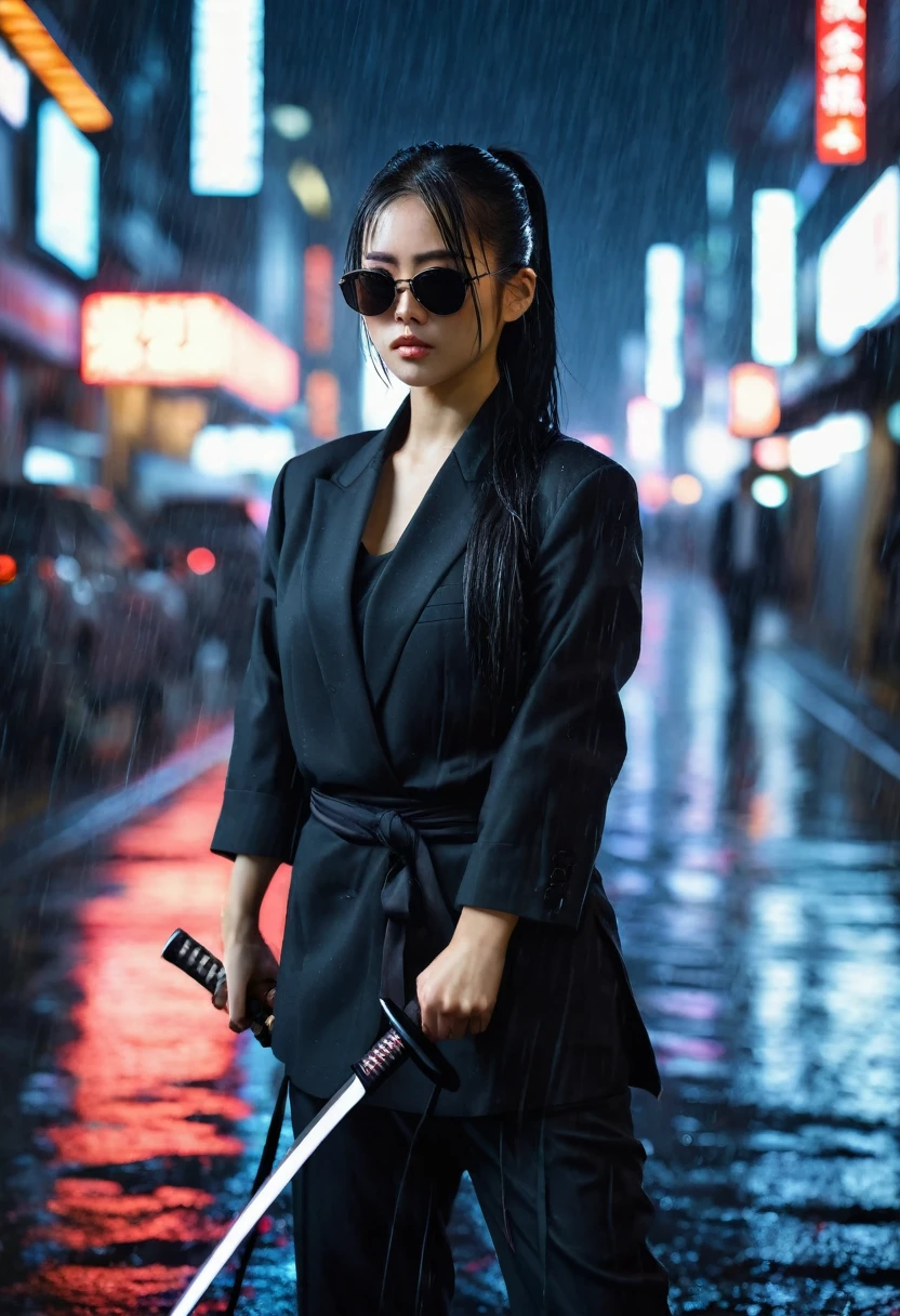 ((Beautiful)), young japanese woman, long black hair tied in a ponytail, wearing a black business suit, wearing dark sunglasses, holding a katana, standing in a neon city at night in heavy rain