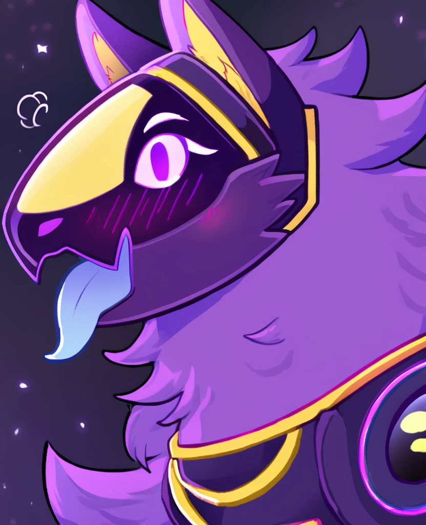 an excited protogen looks at something that is above him, with a plaintive look and a protruding tongue, triangular eyes and dark purple fur, a purple blush spread across his cheeks.