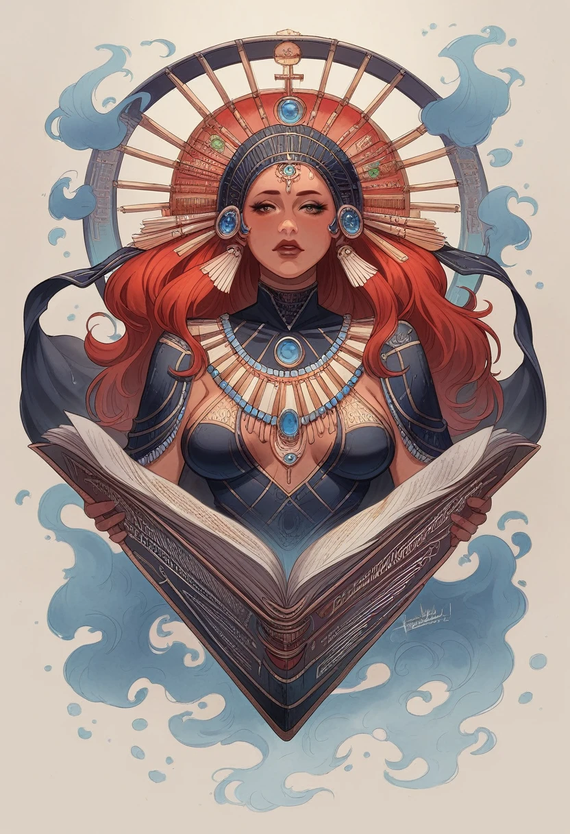 A beautiful red-haired girl in a Native American chief headdress. Surrealist Dream Bookmark by Luis Royo, magie, water colour, inking, acrylic, double exposure, futurist, fancy, great detail, Meia-noite, moonligh, FOG, gothic darkness, art on a cracked paper, detailed storybook illustration, cinematic, ultra highly detailed, small details, Beautiful Details, mystic, Luminism, swirly vibrant colors