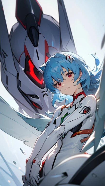 Evangelion、(((Rei Ayanami)))、((白いPlug Suit))、((White interface set))、Blue Hair、【【Red eyes】】、Hair between the eyes、Plug Suit、Watery eyes、Watery eye、((Troubled face))、Droopy eyes、A little smile、Mouth slightly open、Highest quality、8K、Red eyes、14age、((White bodysuit))、Perfect fit、One Girl、Official Art、Pretty young face、Anime Face、It has fairly large wings on its back.、Big Wings、Clear Images