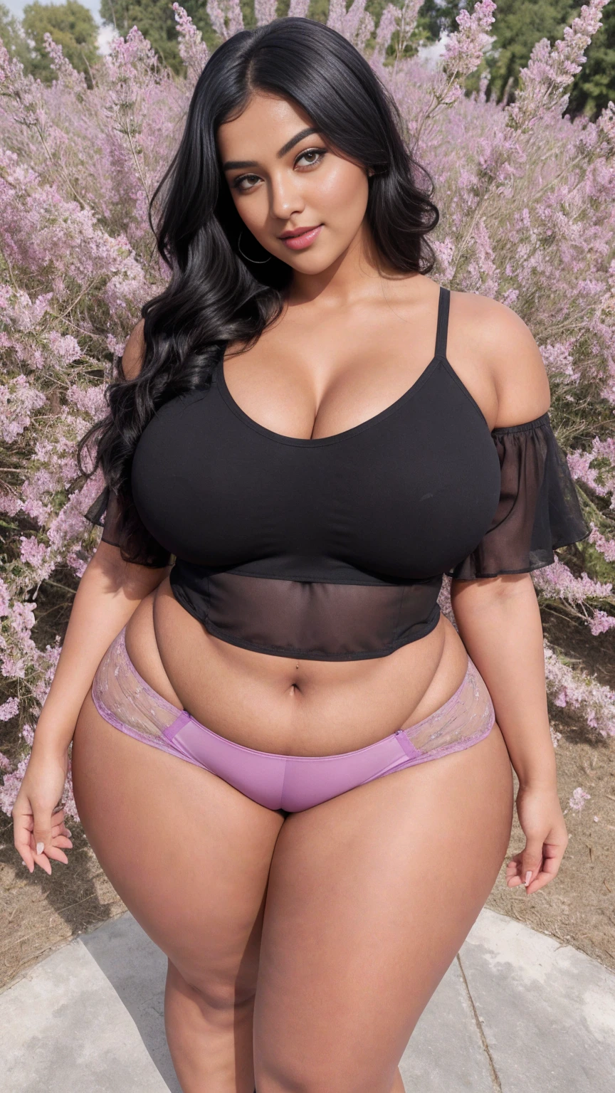 Radhika marchent Indian beautiful woman curvy plus size hour glass bulky huge figure woman, closeup camera view, big huge m-cup breast, wearing SHEIN Girl Letter Graphic Cami Top & Shorts & Mesh Top Color: Multicolor , covered Bust , elegant standing position, eye contact view, different style hairstyle, bright eyes, thin eyebrows, fair skin, blushing cheeks, prefect head to toe view, full body, ideal for high-fashion or editorial shoots, ultra realistic skin texture, head to toe view, full body shot, full body view, smile face, black hair, Indian face, perfect skin tone light, ultra realistic skin texture, bigger waist, busty, big hips, fleshy thighs, thick thighs, busty, full body view, Lavender Field: Endless rows of fragrant lavender flowers.