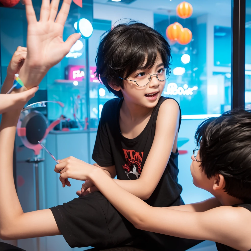 logo of boy playing fun game wearing glass and black hair