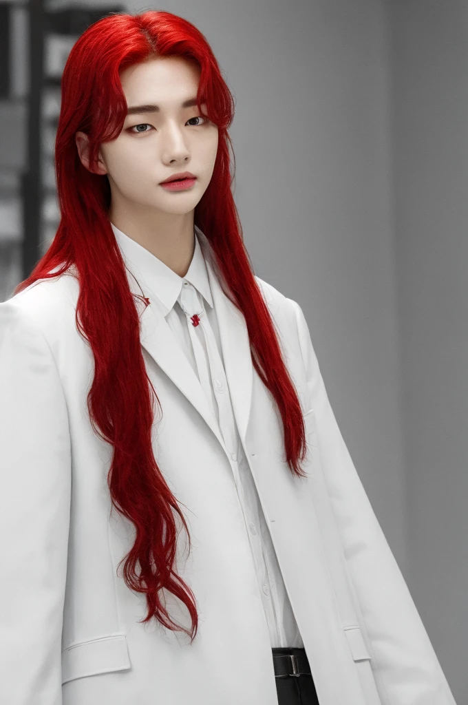 Hwang hyunjin red long hair, white skin, gotic clothes , black clothes