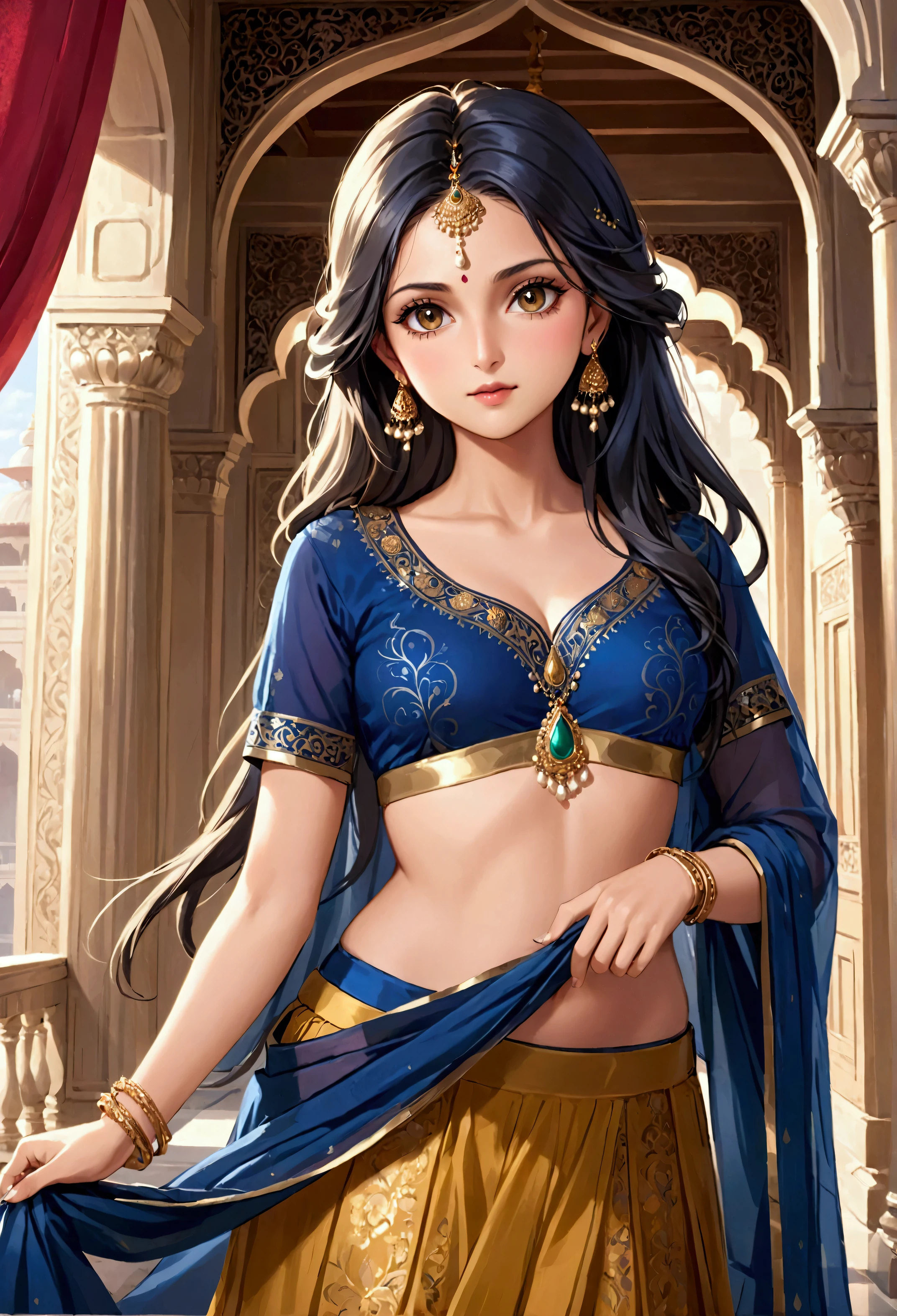 Rhea Sen plays a beautiful 21-year-old woman, She is wearing a gorgeous navy blue ghagra and long blouse, Eye mascara, eye shadow, Long eyelashes, Gold Jewelry, Stand in the palace, Upper Body, Front view, Big Plans, Pubic hair is visible