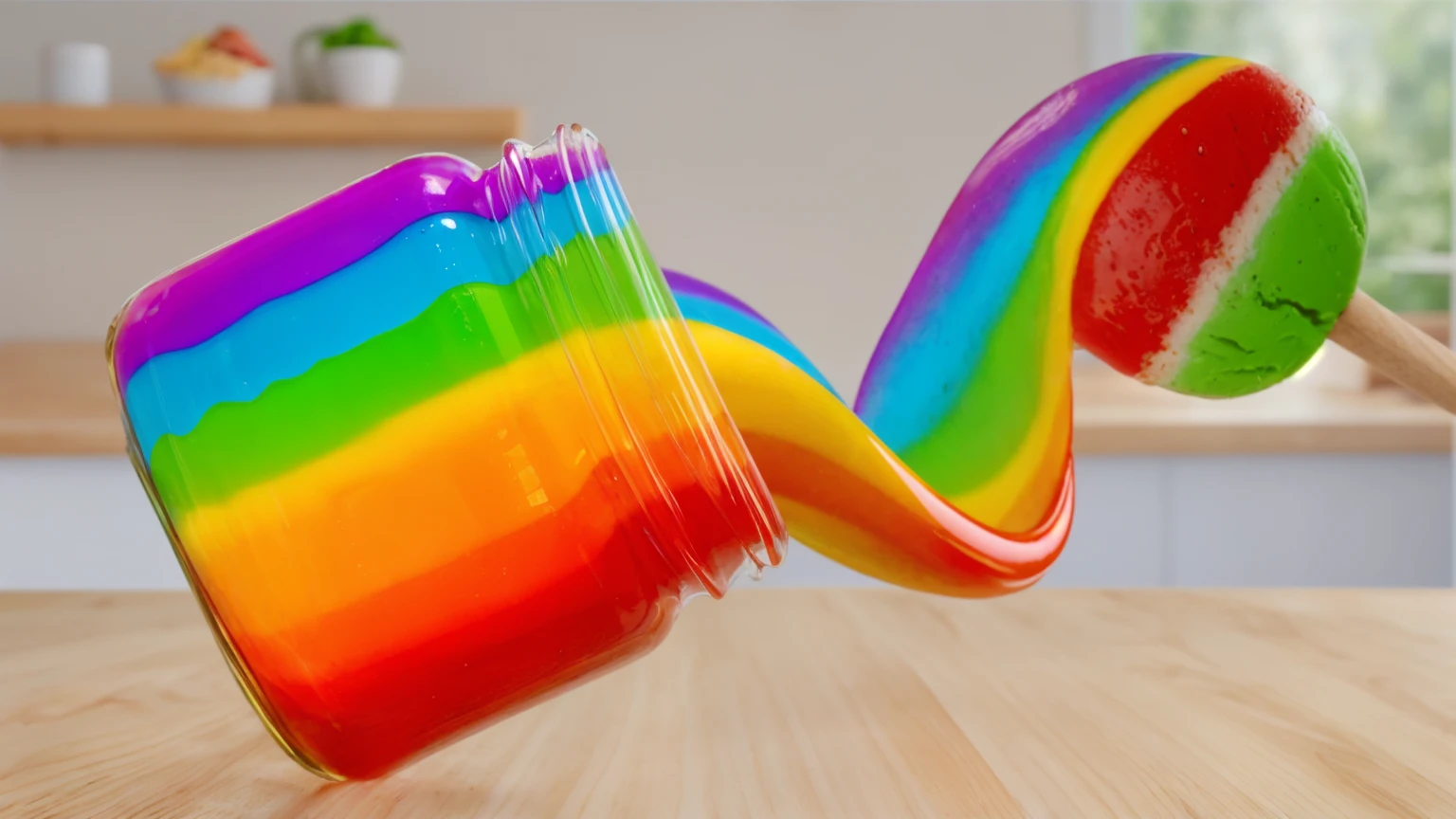 on a wooden table, glass jar with rainbow peanut butter, ice cream dipped in rainbow peanut butter, rainbow peanut butter stretch. against the background of the kitchen .beautiful lighting, Beautiful sunlight, bright lighting, Realistic style , realistic texture, detailed texture, a high resolution, high quality, ultra hd 4k, macro photo