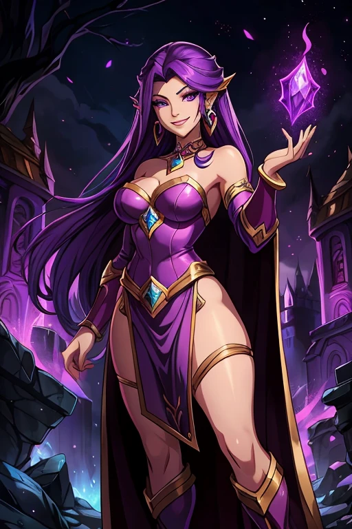 (masterpiece, best quality:1.4), colorful, vibrant image, sharp focus, highly detailed, intricate, digital art, HDR, 8K, 
Morathi (is casting dark purple fire spells by her hands:1.1), twilight sunset (purple sky:1.2) and (dark purple wasteland fields:1.1) complex background, evil smile glance, (tricky glance:1.1), looking at viewer, (cowboy shot:1.05), (side view:0.75), 
black hair, very long hair, braid, lipstick, makeup, black eyeshadow, smokey eyes, detailed hair, detailed face, (realistic perfect eyes:1.1), perfect face, 
horns, ultra detailed symmetric balanced helmet, dark magenta symmetric bikini armor, pauldrons, pelvic curtain, vambraces, 
[pale | purple skin], mature female, 30yo, curvy, (Large Breasts:1.1), cleavage,