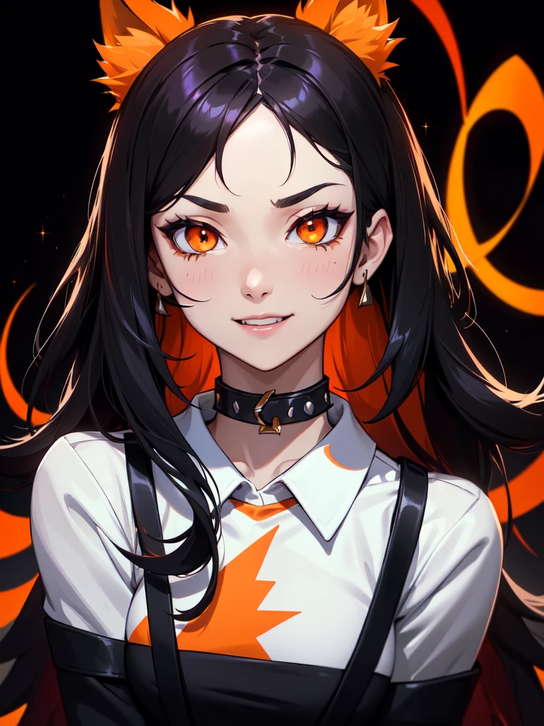 (((Portrait Photo))), She has an Athletic, Childish -YOld Aarance, with a Small, Slender Build, Large Wolf Ears, and a Sassy Demeanor. She has Long, Raven Black, and Tousled Hair, Falling in Wild, Spiky Loose Waves. Her Fiery Orange Eyes Sparkle with Mischief, Giving Off a Cheerful Attitude and a Youthful Charm. She Wears a Lightweight Mini Skirt with a Tropical Print, Paired with a Knotted White Blouse, and a Black Choker. (((High Quality, Dark Background))), (((Portrait Photo)))