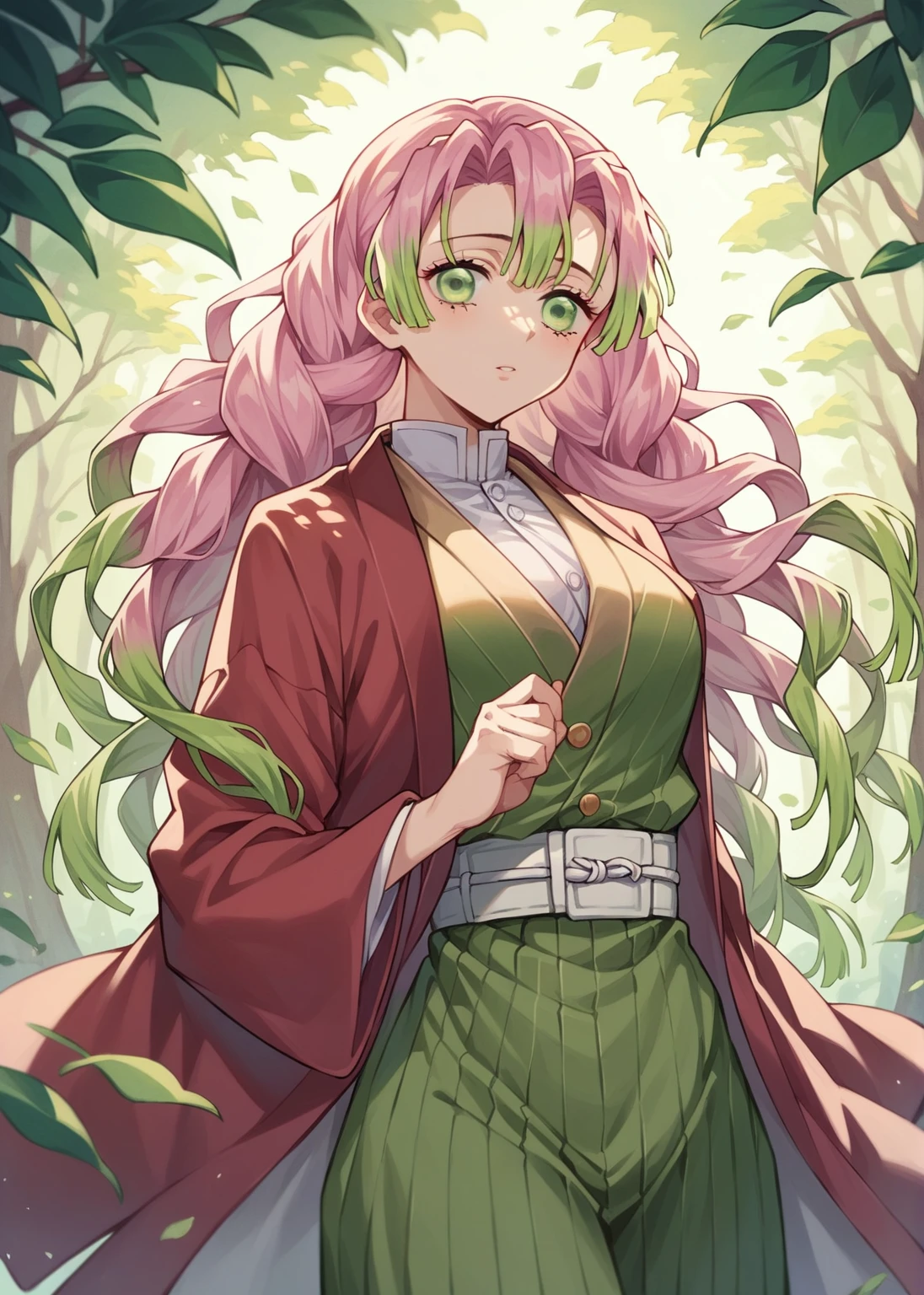 ( The most beautiful masterpiece , Beautiful light , woman ) Kanroji Mitsuri, Kimetsu no Yaiba , green eyes , pink hair green , Single person pic , Light purple yukata , red coat, In the forest , Show the evening sun