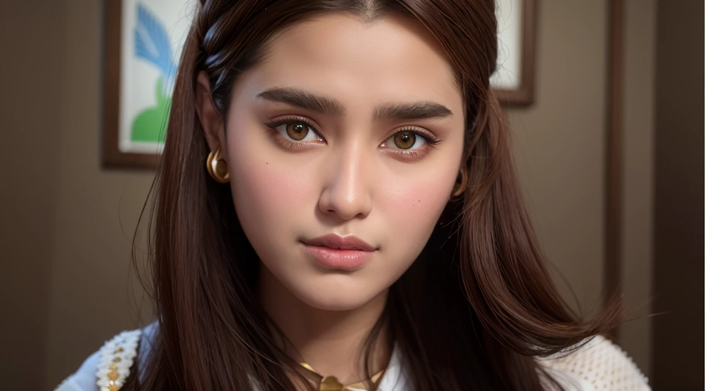 arafed woman with long brown hair wearing a blue shirt, kyza saleem, khyzyl saleem, headshot profile picture, ruan ji, fanart, beautiful art, actress, very pretty face, beautiful image, by Ambreen Butt, official artwork, traditional art, very extremely beautiful, profile picture, headshot photo, inspired by Riza Abbasi