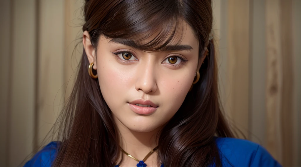 arafed woman with long brown hair wearing a blue shirt, kyza saleem, khyzyl saleem, headshot profile picture, ruan ji, fanart, beautiful art, actress, very pretty face, beautiful image, by Ambreen Butt, official artwork, traditional art, very extremely beautiful, profile picture, headshot photo, inspired by Riza Abbasi