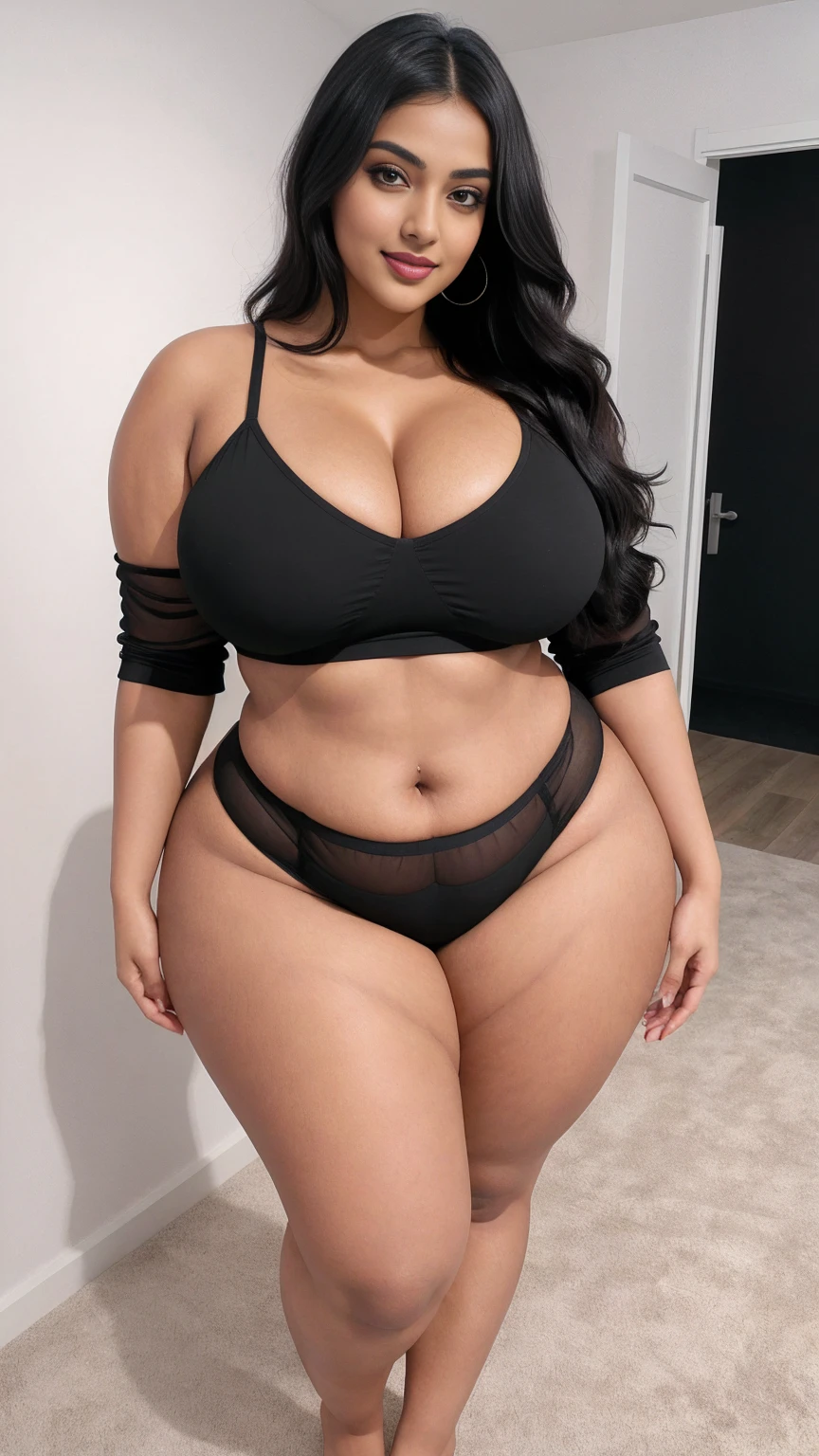 Radhika marchent Indian beautiful woman curvy plus size hour glass bulky huge figure woman, closeup camera view, big huge m-cup breast, wearing SHEIN Teen Girl Letter Graphic Cami Top & Shorts & Mesh Top Color: Multicolor , covered Bust , elegant standing position, eye contact view, different style hairstyle, bright eyes, thin eyebrows, fair skin, blushing cheeks, prefect head to toe view, full body, ideal for high-fashion or editorial shoots, ultra realistic skin texture, head to toe view, full body shot, full body view, smile face, black hair, Indian face, perfect skin tone light, ultra realistic skin texture, bigger waist, busty, big hips, fleshy thighs, thick thighs, busty, full body view, Modern Art Museum: Sleek, contemporary architecture and art pieces.