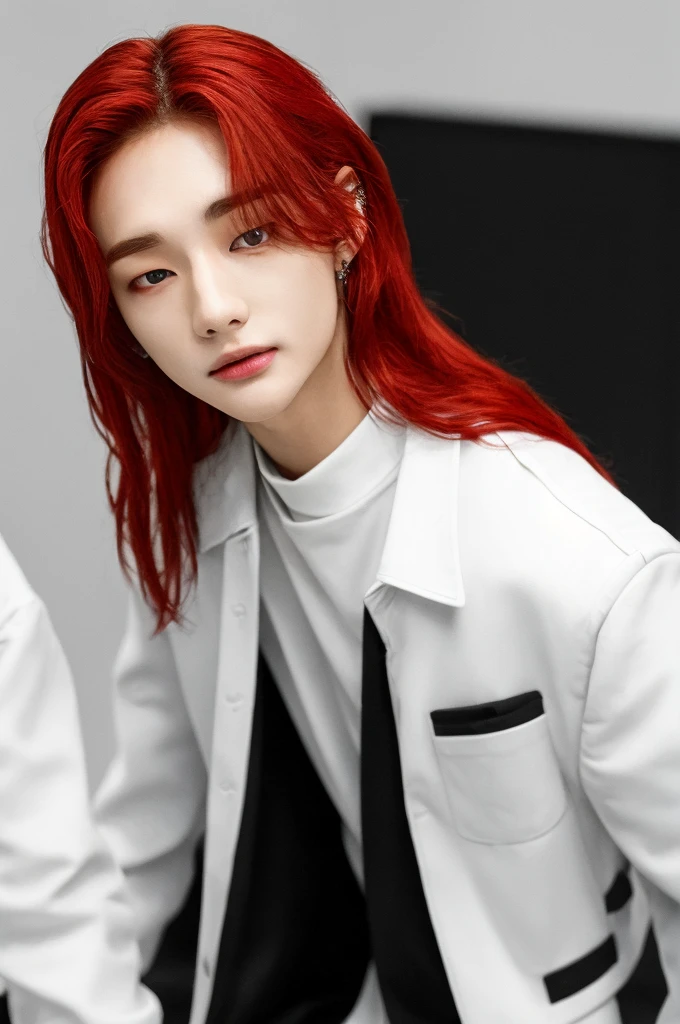 Hwang hyunjin red long hair, white skin, gotic clothes , black clothes