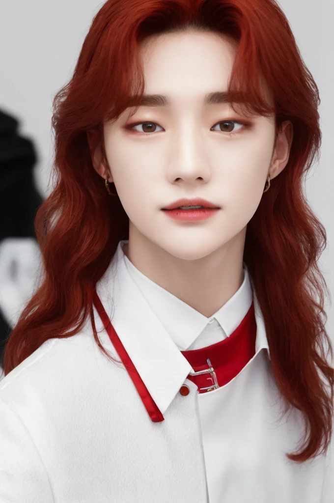 Hwang hyunjin red long hair, white skin, gotic clothes , black clothes