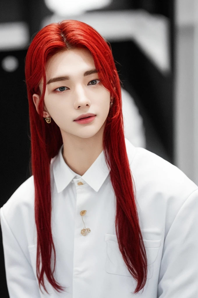 Hwang hyunjin red long hair, white skin, gotic clothes , black clothes