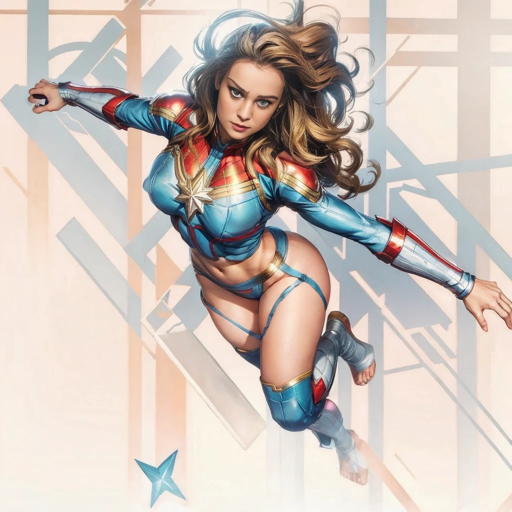 a girl, Brie Larson plays Captain Marvel, show her back, beautiful face, blue eyes, details face, kneeling, Get on all fours, ass rise up, head down, super huge breasts, huge ass, big legs, open legs, Convex, cameltoe，sexy bra, sexy thongs, sexy feet