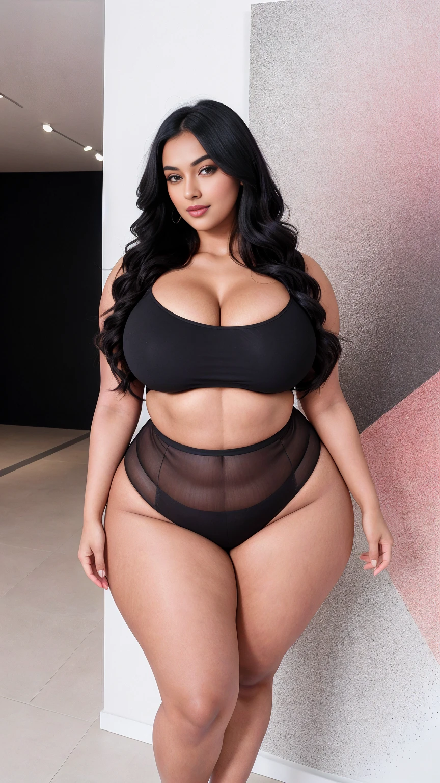 Radhika marchent Indian beautiful woman curvy plus size hour glass bulky huge figure woman, closeup camera view, big huge m-cup breast, wearing SHEIN Girl Letter Graphic Cami Top & Shorts & Mesh Top Color: Multicolor , covered Bust , elegant standing position, eye contact view, different style hairstyle, bright eyes, thin eyebrows, fair skin, blushing cheeks, prefect head to toe view, full body, ideal for high-fashion or editorial shoots, ultra realistic skin texture, head to toe view, full body shot, full body view, smile face, black hair, Indian face, perfect skin tone light, ultra realistic skin texture, bigger waist, busty, big hips, fleshy thighs, thick thighs, busty, full body view, Modern Art Museum: Sleek, contemporary architecture and art pieces.