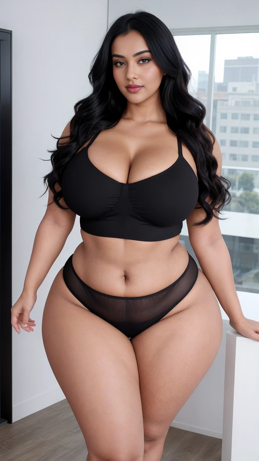 Radhika marchent Indian beautiful woman curvy plus size hour glass bulky huge figure woman, closeup camera view, big huge m-cup breast, wearing SHEIN Teen Girl Letter Graphic Cami Top & Shorts & Mesh Top Color: Multicolor , covered Bust , elegant standing position, eye contact view, different style hairstyle, bright eyes, thin eyebrows, fair skin, blushing cheeks, prefect head to toe view, full body, ideal for high-fashion or editorial shoots, ultra realistic skin texture, head to toe view, full body shot, full body view, smile face, black hair, Indian face, perfect skin tone light, ultra realistic skin texture, bigger waist, busty, big hips, fleshy thighs, thick thighs, busty, full body view, Modern Art Museum: Sleek, contemporary architecture and art pieces.