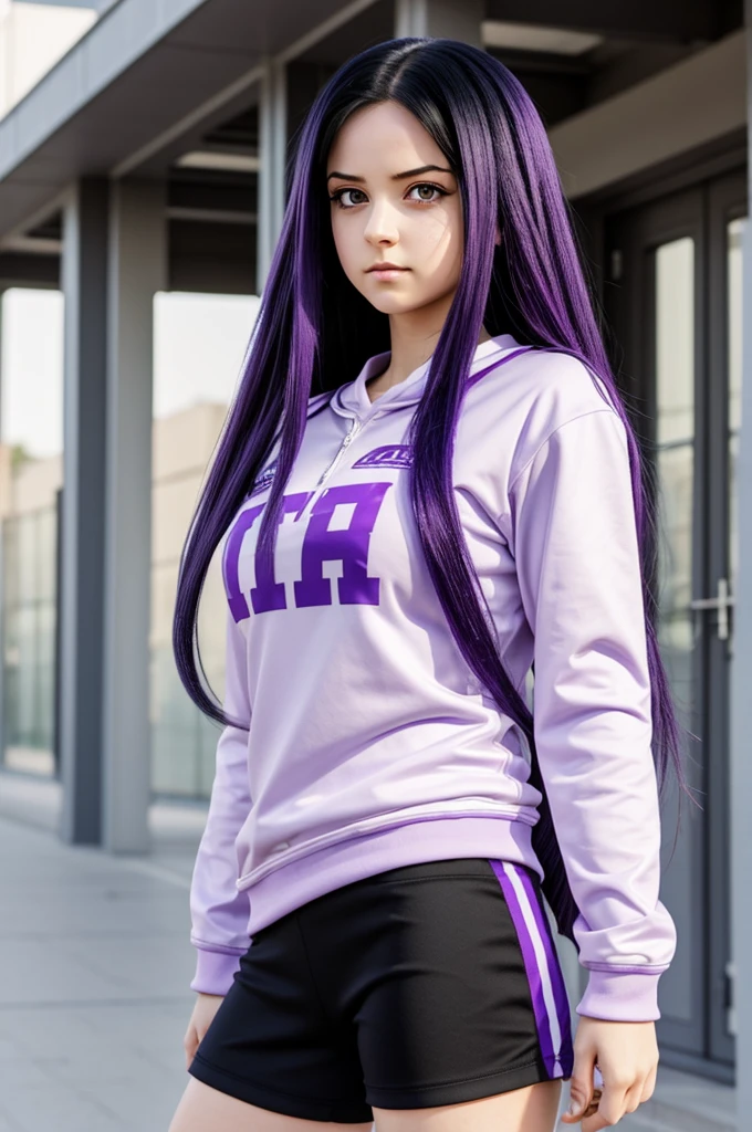 BNHA anime style character, female character, lilac purple eyes, pale white tea,cold and intimidating features, Wear casual clothes, straight black hair. Long hair and wears the u cheerleader outfit.a from class 1-A, 2d character