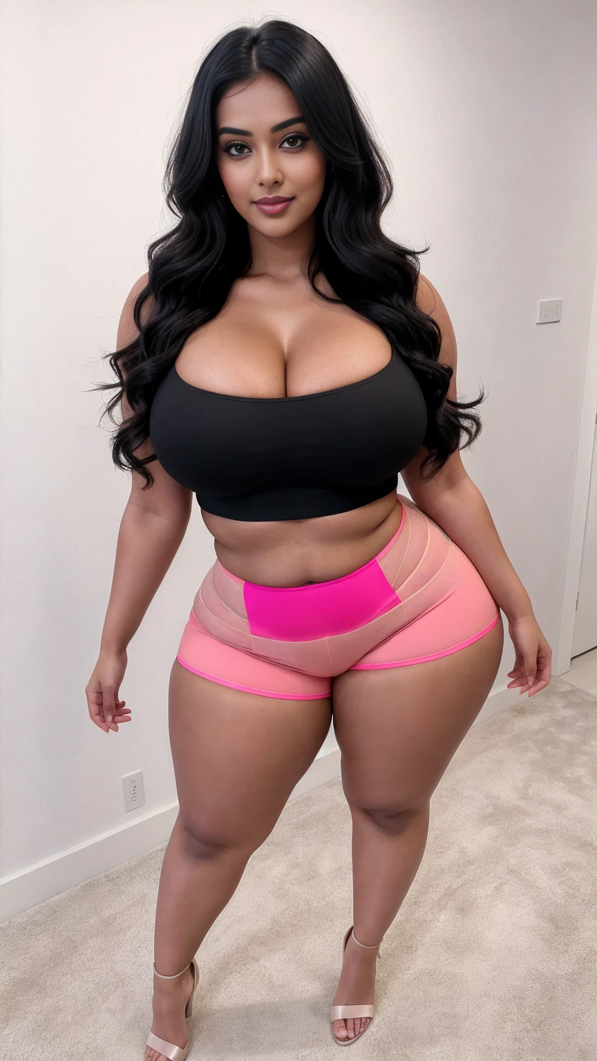Radhika marchent Indian beautiful woman curvy plus size hour glass bulky huge figure woman, closeup camera view, big huge m-cup breast, wearing SHEIN Girl Letter Graphic Cami Top & Shorts & Mesh Top Color: Multicolor , covered Bust , elegant standing position, eye contact view, different style hairstyle, bright eyes, thin eyebrows, fair skin, blushing cheeks, prefect head to toe view, full body, ideal for high-fashion or editorial shoots, ultra realistic skin texture, head to toe view, full body shot, full body view, smile face, black hair, Indian face, perfect skin tone light, ultra realistic skin texture, bigger waist, busty, big hips, fleshy thighs, thick thighs, busty, full body view, Modern Art Museum: Sleek, contemporary architecture and art pieces.