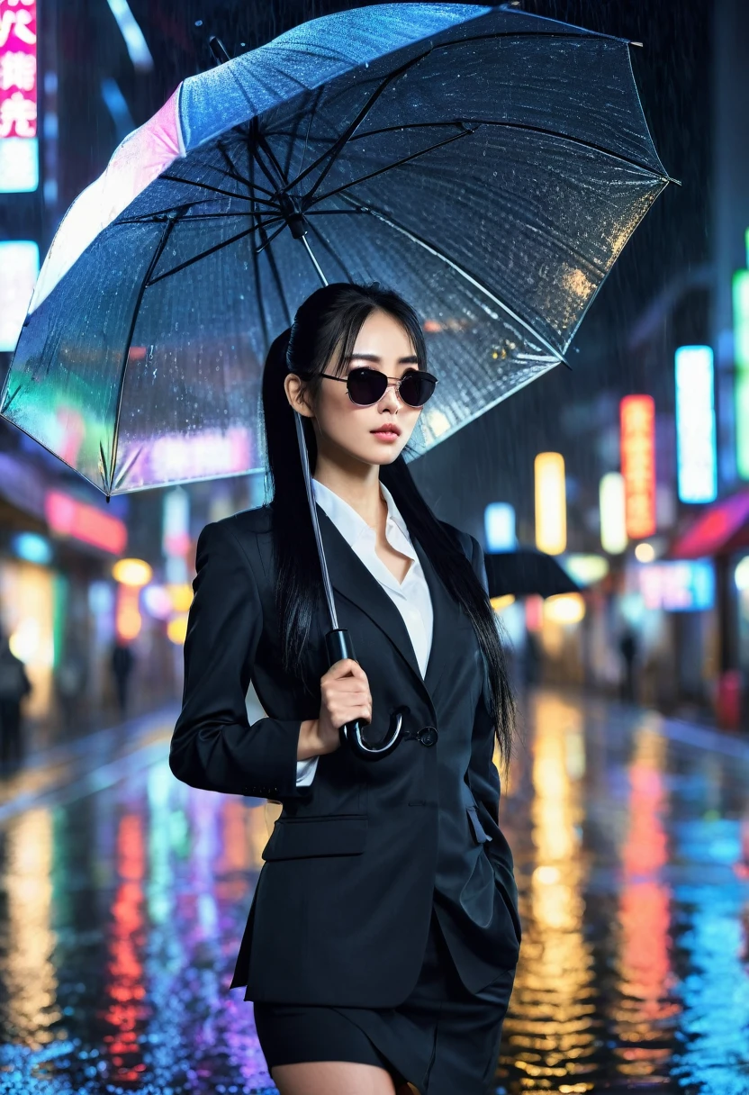 ((Beautiful)), young japanese woman, long black hair tied in a ponytail, wearing a black business suit, wearing dark futuristic sunglasses, holding a metallic umbrella, standing in a neon city at night in heavy rain