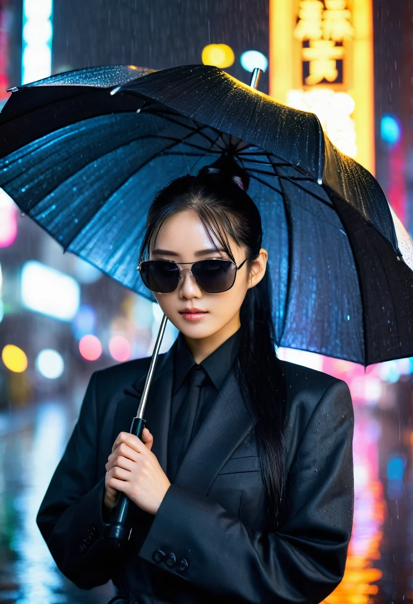 ((Beautiful)), young japanese woman, long black hair tied in a ponytail, wearing a black business suit, wearing dark futuristic sunglasses, holding a metallic umbrella, standing in a neon city at night in heavy rain