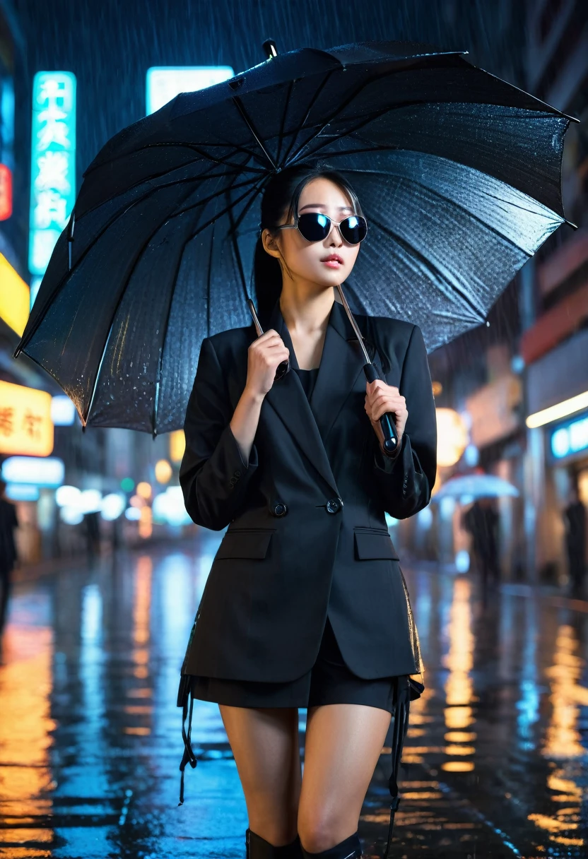 ((Beautiful)), young japanese woman, long black hair tied in a ponytail, wearing a black business suit, wearing dark futuristic sunglasses, holding a metallic umbrella, standing in a neon city at night in heavy rain