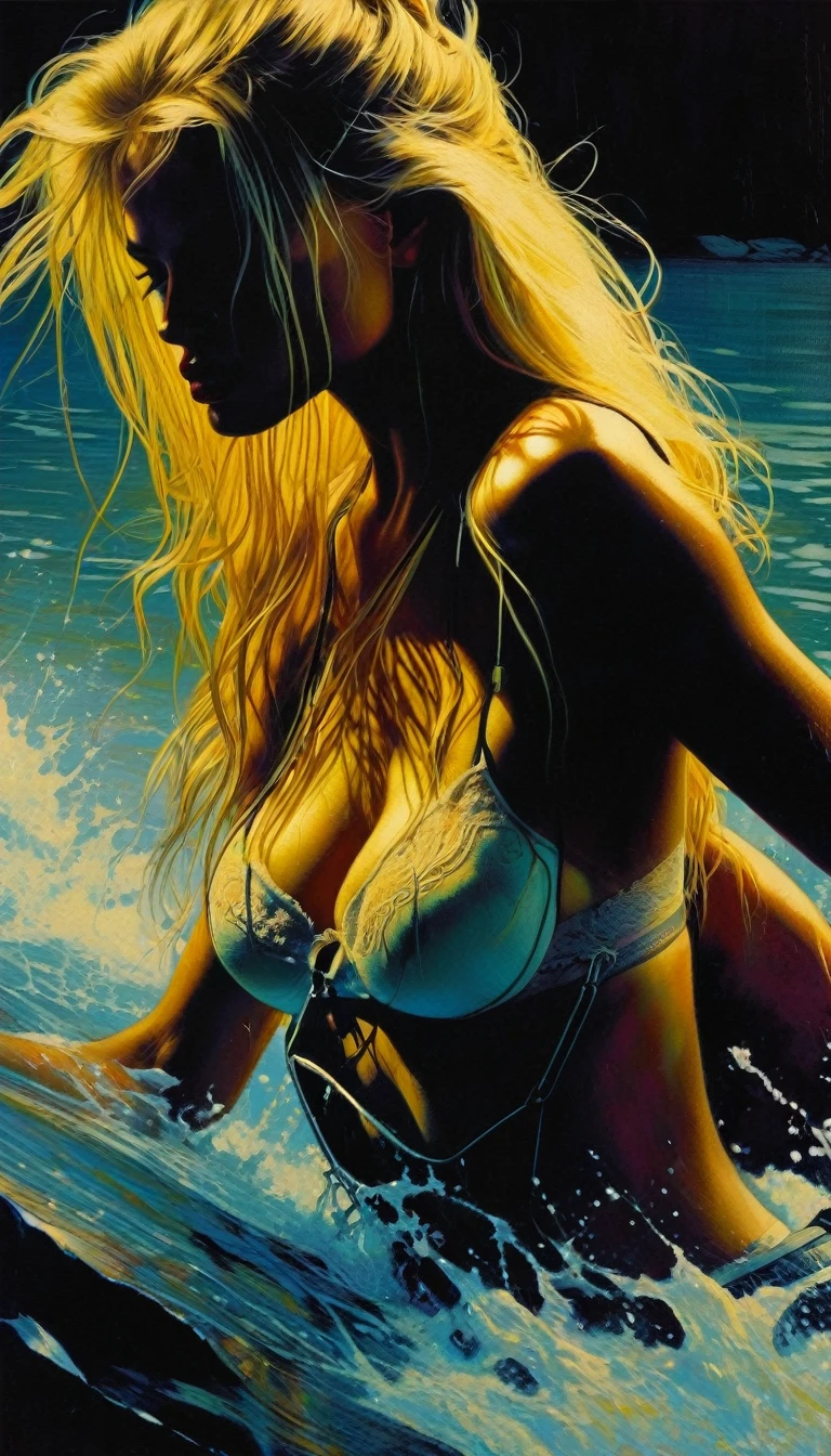 beautiful detailed girl on beach at night, nude walking with hair blowing in wind, intricate oil painting inspired by Bill Sienkiewicz, vivid colors, best quality, 8k, highres, masterpiece, ultra-detailed, realistic, photorealistic, HDR, studio lighting, extreme detail description, professional
