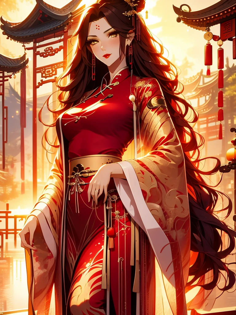 score_9, score_8_up, score_7_up, score_6_up, score_5_up, score_4_up, Xian Mei, golden eyes, red curly hair, tied hair, hair in a bun, hairpin, traditional Chinese red wedding hanfu dress, Yourqipao Red Embroidery Chinese Xiuhe Hanfu Women's Satin Cheongsam Ancient Traditional Chinese Bride , Wedding Dress, Long Dresses, Long Earrings, Red Lipstick, Detailed Eyes, Traditional Wear, Sexy Attractive, Hot, Traditional, Big Smile, Happy, Blush, Chinese Temple, Lotuses,