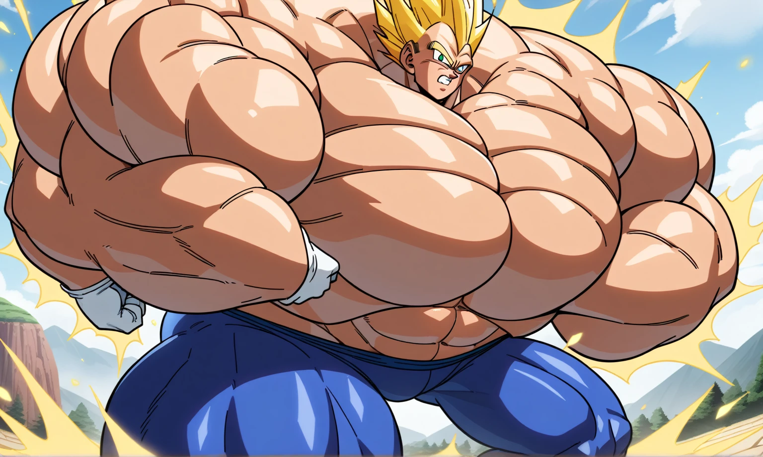 1boy, Vegeta, from Dragon Ball Z, masterpiece, best quality, very aesthetic, absurdres, saiyan, green eyes, spiked hair, (yellow hair:1.5), shirtless, blue skintight pants, (huge muscles:2.5), Dragon Ball Z artstyle, in the style of Akira Toriyama, white tiled floor, outdoors, flat-top mountains, nipples, yellow aura, electricity, white gloves, closed fists