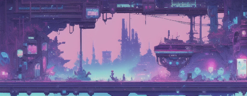 at night, hbyxcj, ficção científica, sem humanos, cenário, cabo, pixel art, futuristic sidescroller game, purple, blue and neon colors, futuristic city in the background with industrial feeling, at night