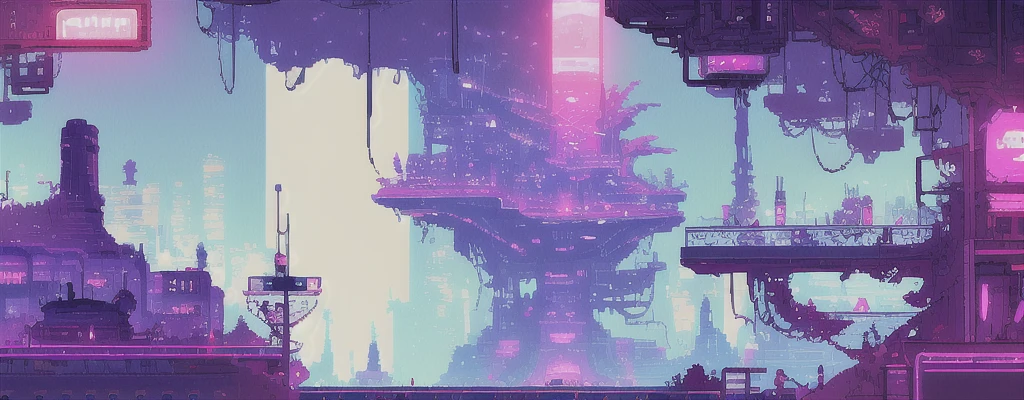 at night, hbyxcj, ficção científica, sem humanos, cenário, cabo, pixel art, futuristic sidescroller game, purple, blue and neon colors, futuristic city in the background with industrial feeling, at night