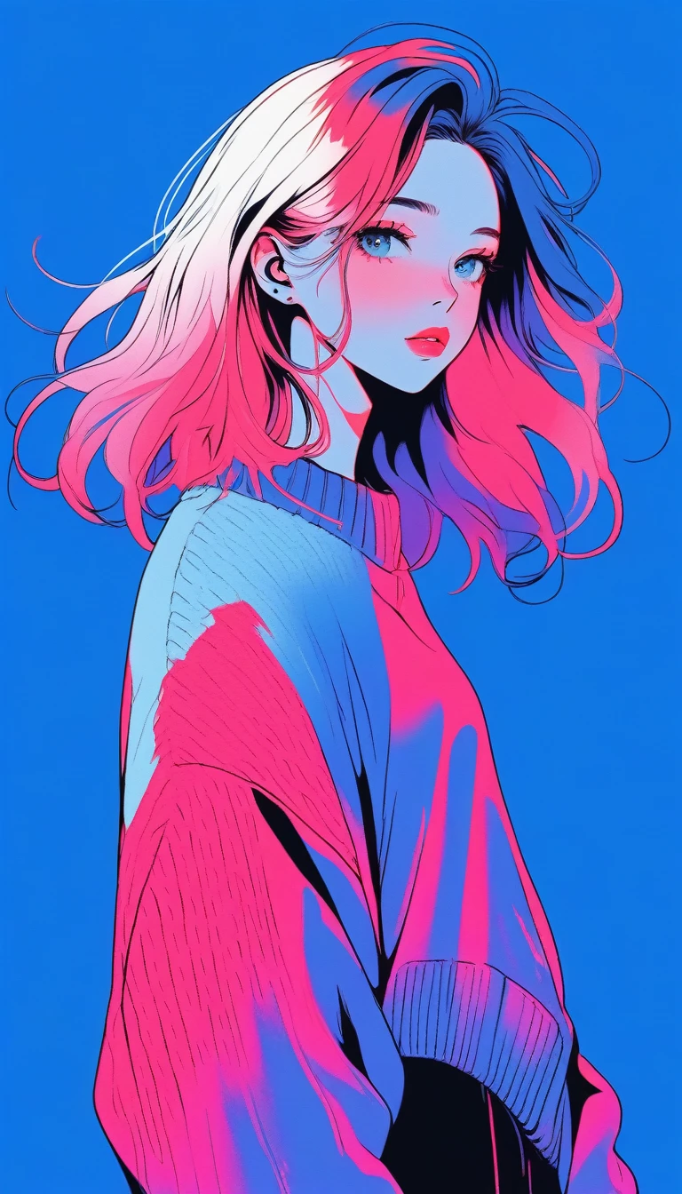 Illustrator, Anime , Realistic ,sketch , 1girl in, ,lip, Sweaters,order, Blue gradient background, Neon Hair,textured crop, Canadian, (masutepiece,Best Quality)