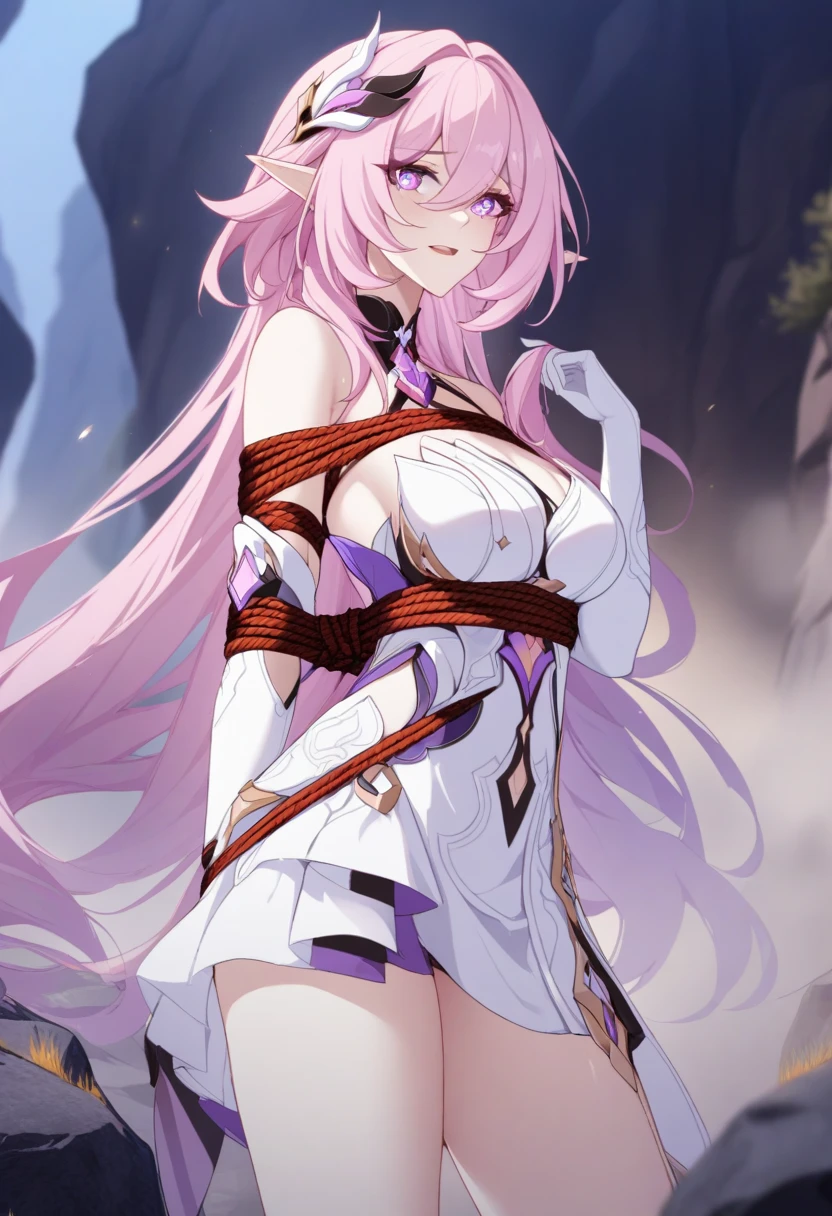 masterpiece, best quality, very aesthetic, absurdres, 1girl, mature_lady,white_dress,wet_clothes,(tortoiseshell bondage, red_rope, hand_behind, roped_body,bound by ropes:1.3) ,tears_in_eyes,,elysia_(honkai_impact), honkai_(series), honkai_impact_3rd, elysia_(herrscher_of_human:ego)_(honkai_impact), 1girl, elbow_gloves, elf, hair_between_eyes, hair_ornament, multicolored_hair, pink_hair, pink_pupils, pointy_ears, purple_eyes, two-tone_hair,,in the canyon,fog,dark,blur background,background defocus,