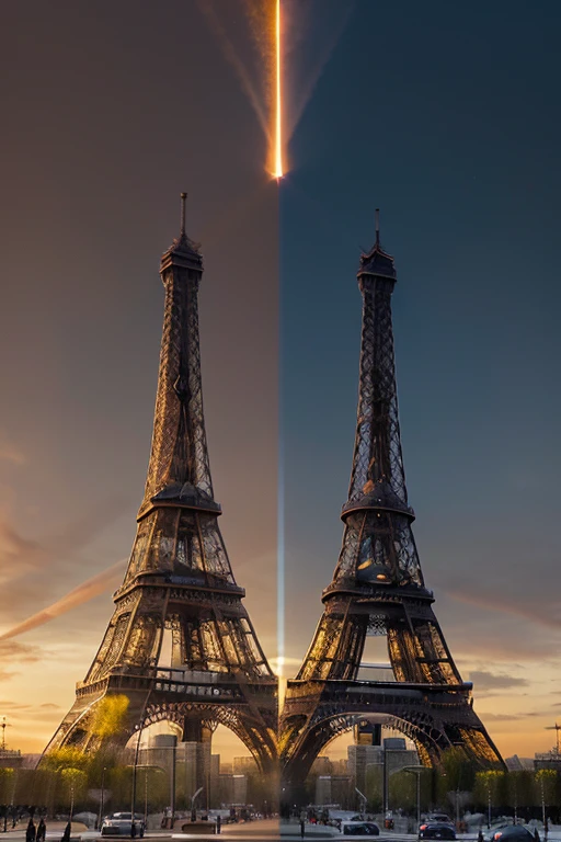 Create an image that illustrates the Eiffel Tower in two different states in the same photo to show its variation in height due to thermal expansion. On the left side, shows the Eiffel Tower in winter, with its usual height. Use cold bluish tones and possibly some snowflakes to indicate the cold temperature. On the right side, shows the Eiffel Tower in summer, 15 cm taller. Use warm shades of orange and yellow to signify heat, and add sun rays to show the increased temperature. Include a small clear scientific diagram or text explaining thermal expansion, with iron particles gaining kinetic energy and separating when heated. The image must visually convey that even iconic structures like the Eiffel Tower are subject to natural laws.