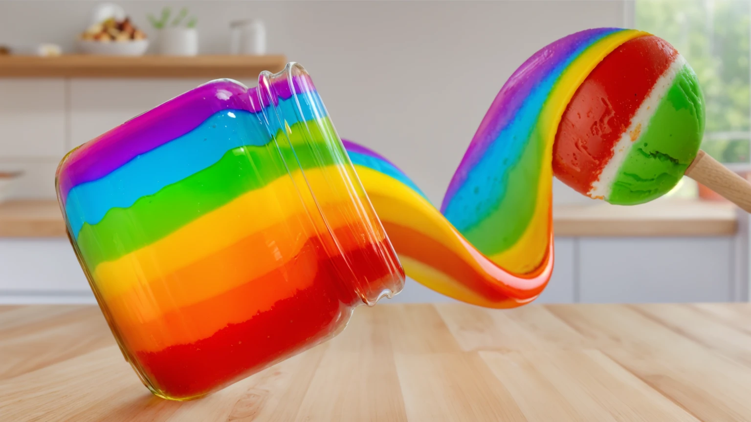 on a wooden table, glass jar with rainbow peanut butter, ice cream dipped in rainbow peanut butter, rainbow peanut butter stretch. against the background of the kitchen .beautiful lighting, Beautiful sunlight, bright lighting, Realistic style , realistic texture, detailed texture, a high resolution, high quality, ultra hd 4k,