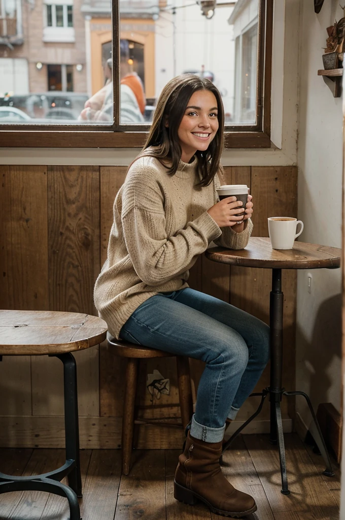 A full-body image of a  brunette woman with freckles and a friendly demeanor. She is wearing a cozy sweater and jeans, with ankle boots. She is sitting at a small table in a quaint coffee shop, holding a cup of coffee and looking out the window with a content smile. The background features rustic decor and other patrons.