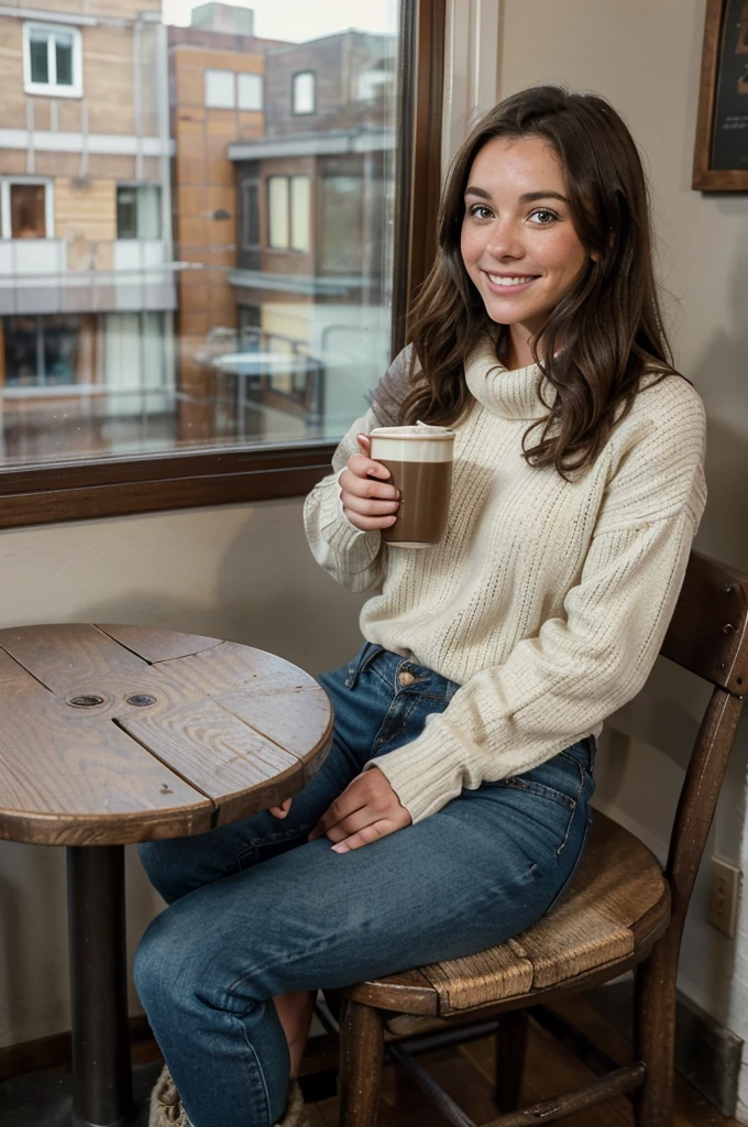 A full-body image of a brunette woman with freckles and a friendly demeanor. She is wearing a cozy sweater and jeans, with ankle boots. She is sitting at a small table in a quaint coffee shop, holding a cup of coffee and looking out the window with a content smile. The background features rustic decor and other patrons.
