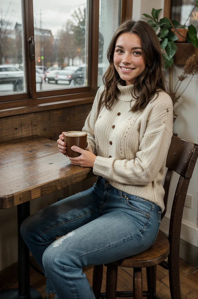 A full-body image of a brunette woman with freckles and a friendly demeanor. She is wearing a cozy sweater and jeans, with ankle boots. She is sitting at a small table in a quaint coffee shop, holding a cup of coffee and looking out the window with a content smile. The background features rustic decor and other patrons.
