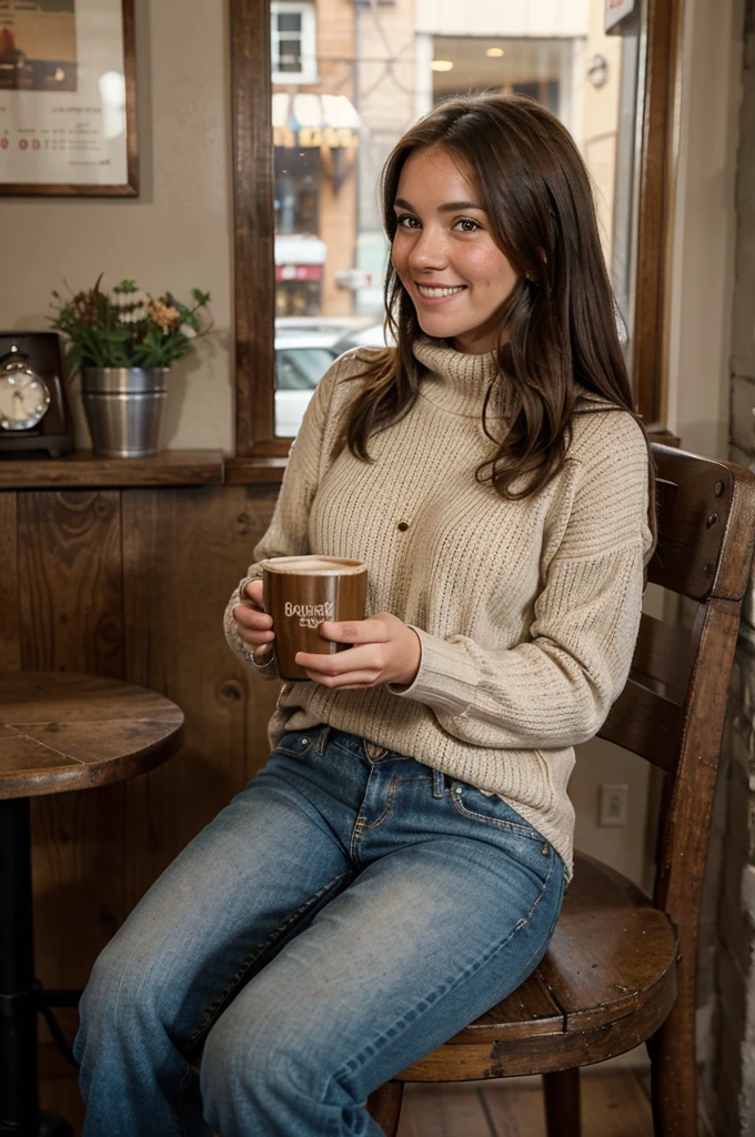 A full-body image of a  brunette woman with freckles and a friendly demeanor. She is wearing a cozy sweater and jeans, with ankle boots. She is sitting at a small table in a quaint coffee shop, holding a cup of coffee and looking out the window with a content smile. The background features rustic decor and other patrons.