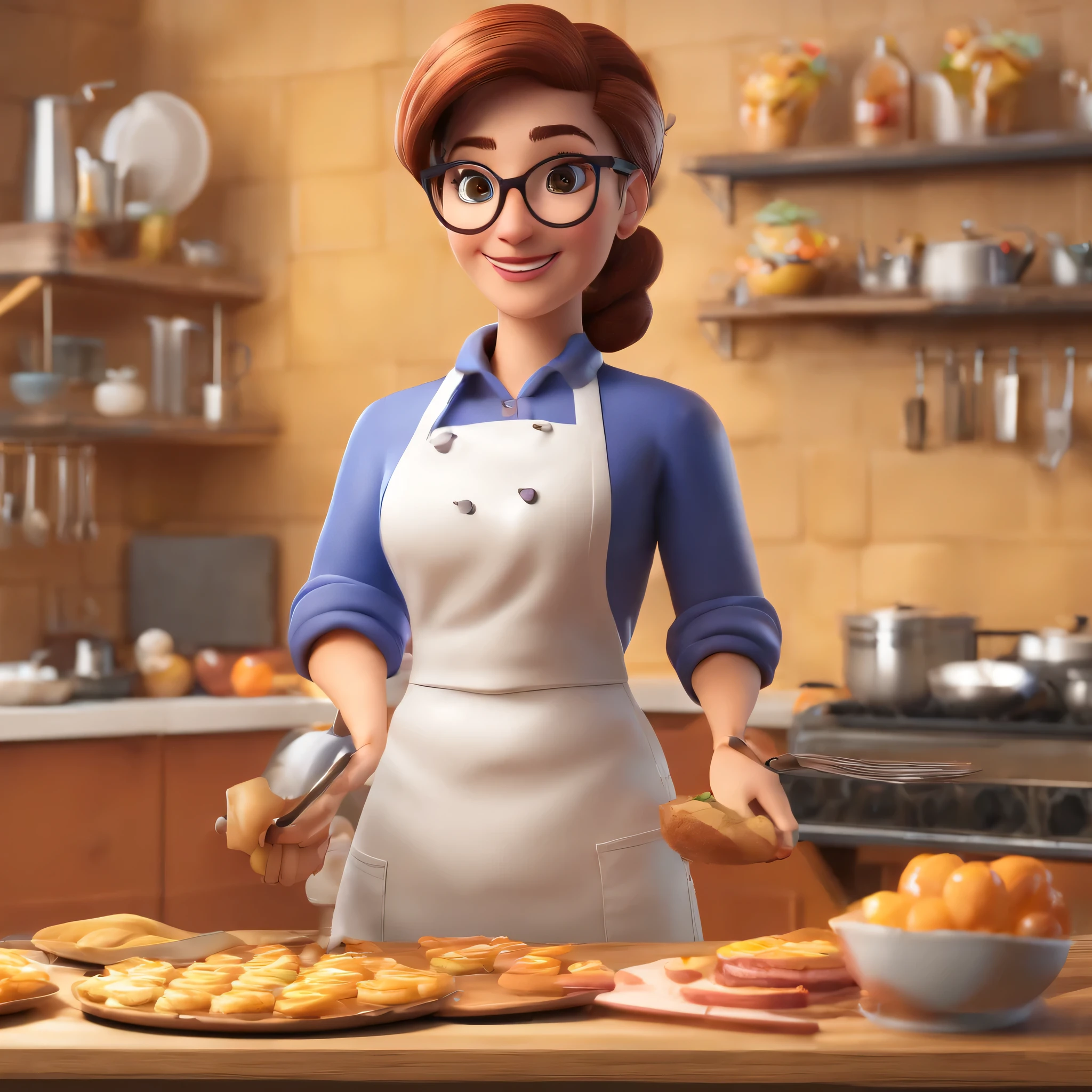 Create a 3d -Pixar style cartoon scene, Where a woman, dark brown straight haired 24 years old, making cake .She's cooking dressed as a pastry chef.