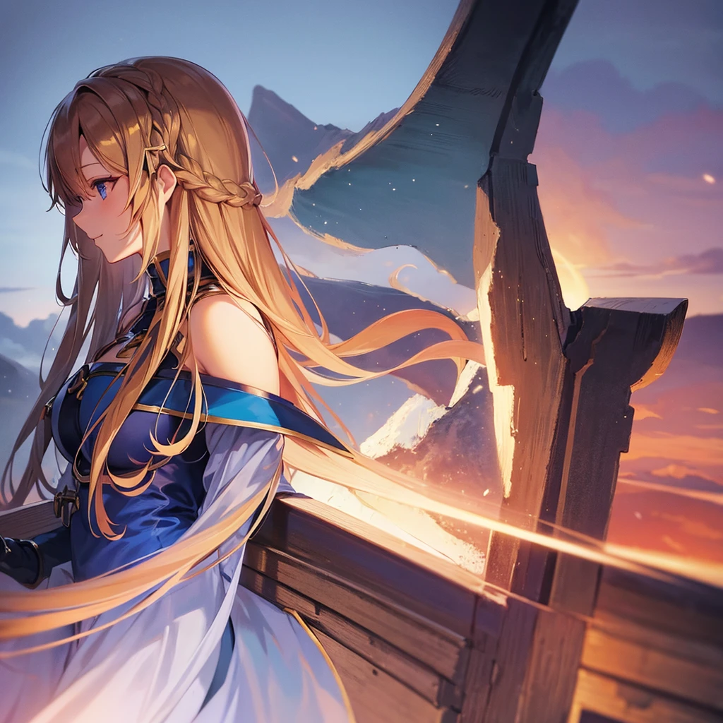asuna,sao, crown half up hairstyle,, Top view, , happy, human hands, large breasts, beautiful detailed blue eyes, Metal Clothes, dusk sky, dusk, sunset,