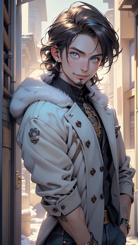male, muscle, 1boy, muscular, 25 year old man,young,1 man,(((1male,1 male, 1man, 1 man,man:1.5,male gender:1.5,handsome man,male focus))),((((goatee)))),((short brown hair,brown hair,nice hair style)),(((blues_eyes:1.3))),intricate eyes,beautiful detailed eyes,symmetrical eyes,((detailed face,manly and attractive face)),   

(open arabian coat, arabian fashion,fur arabian coat, jeans,white shirt,  masculine features, modern style,winter arabian clothes),(((blue fur arabian coat, blue fur arabian coat outfit, wearing a blue fur arabian coat:1.3,winter blue arabian coat))),((bulge in pants)),((intricate outfit,intricate clothes)),

(dynamic pose:1.0),smile,(centered,scale to fit dimensions,Rule of thirds),

inside,indoor,((palace in Arabia, palace in Arabia background)),scenery:1.25,((intricate scenery)),

(Glossy winter ornaments),highres,sharp focus,(ultra detailed,extremely detailed),(photorealistic artwork:1.37),(extremely detailed CG unity 8k wallpaper),(((vibrant colors,vibrant theme))),(intricate),(masterpiece),(best quality),artistic photography,(photography taken by sldr),(intricate background),perfect rendered face,perfect face details,realistic face,photo realistic,((intricate detail)),(((realism))),
