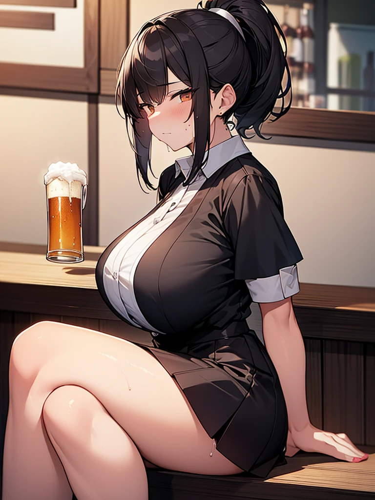 masterpiece,ultra detailed,hyperrealistic anime,plump seductive woman,(tareme:1.2),thick lips,long black hair,blunt bangs,wavy hair,tube top frilled blouse,(low-rise skirt),see-through stole on shoulder,make-up,sitting and spreading legs on sofa at crowded cafe,sweaty,look at viewer,,(pubic hair),peace sign,breathing out,happy,