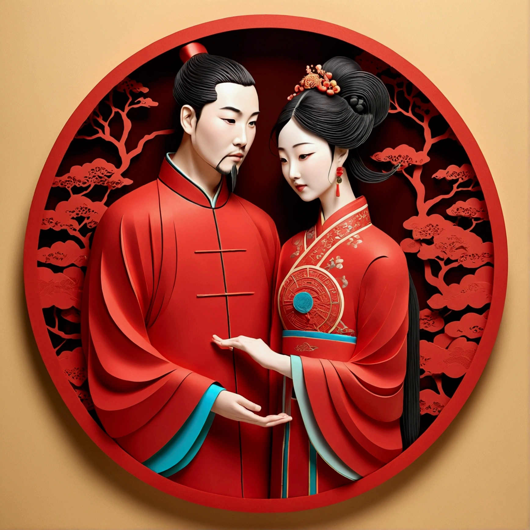 Flat paper cut style,((Ancient Chinese couple worries)),sportrait,red colour,Paper,Color blocking,((round form))