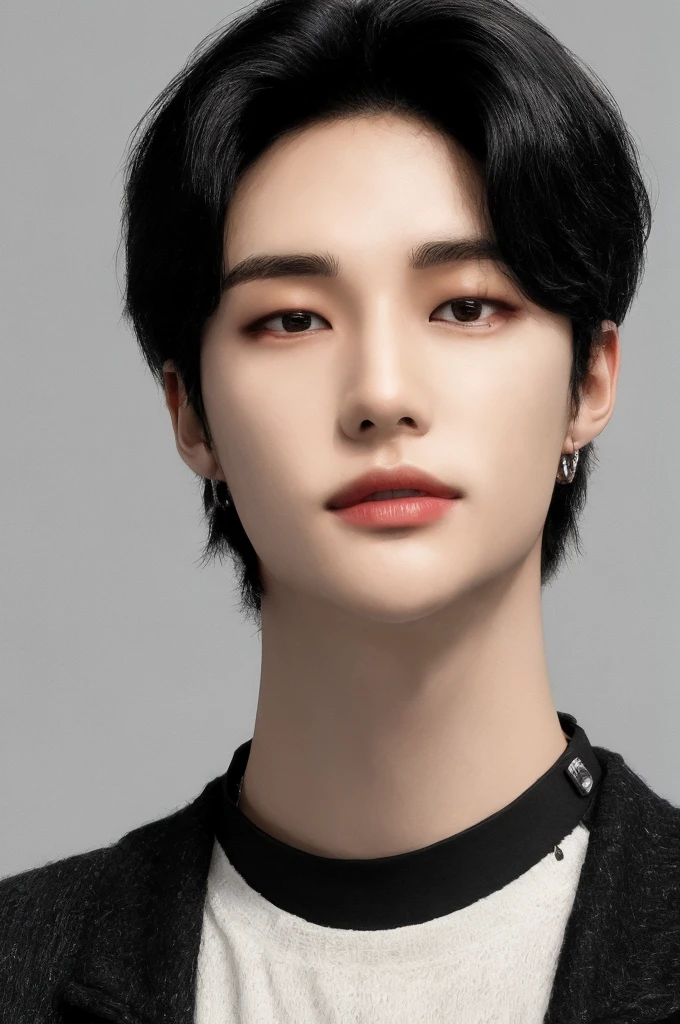 hyunstayv2, front facing, twink, parted lips, (dark black hair:1.2), dark (ultra realistic:1.2), (close-up photo:1.1),(intricate:1.2), (looking at viewer:1.2),
