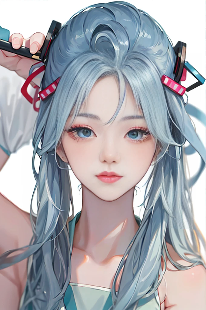 blind female 17 years old, pulled back into a ponytail,light blue eyes, white just school shirt, red tie, green skirt, looks at the camera as if being photographed for a 1:1 photo, white background, Hatsune Miku,