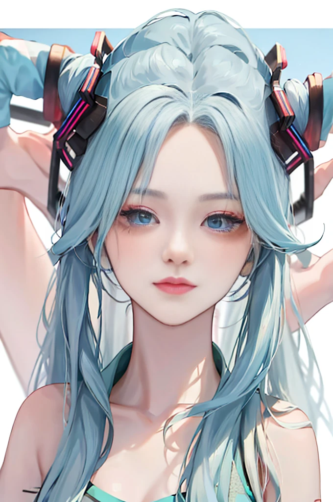 blind female 17 years old, pulled back into a ponytail,light blue eyes, white just school shirt, red tie, green skirt, looks at the camera as if being photographed for a 1:1 photo, white background, Hatsune Miku,