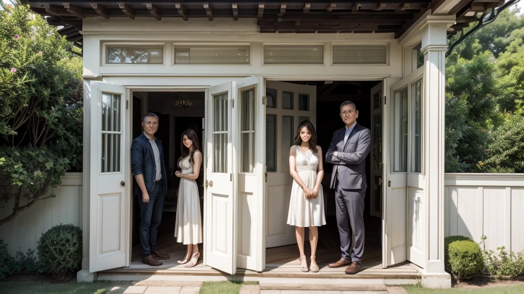 A middle-aged man stands next to a beautiful young woman wearing a low-cut dress. The two are standing at the door of their modest but beautiful house. The house is spacious yet simple, with classic architecture, large windows, and a well-kept garden typical of a middle-class neighborhood.