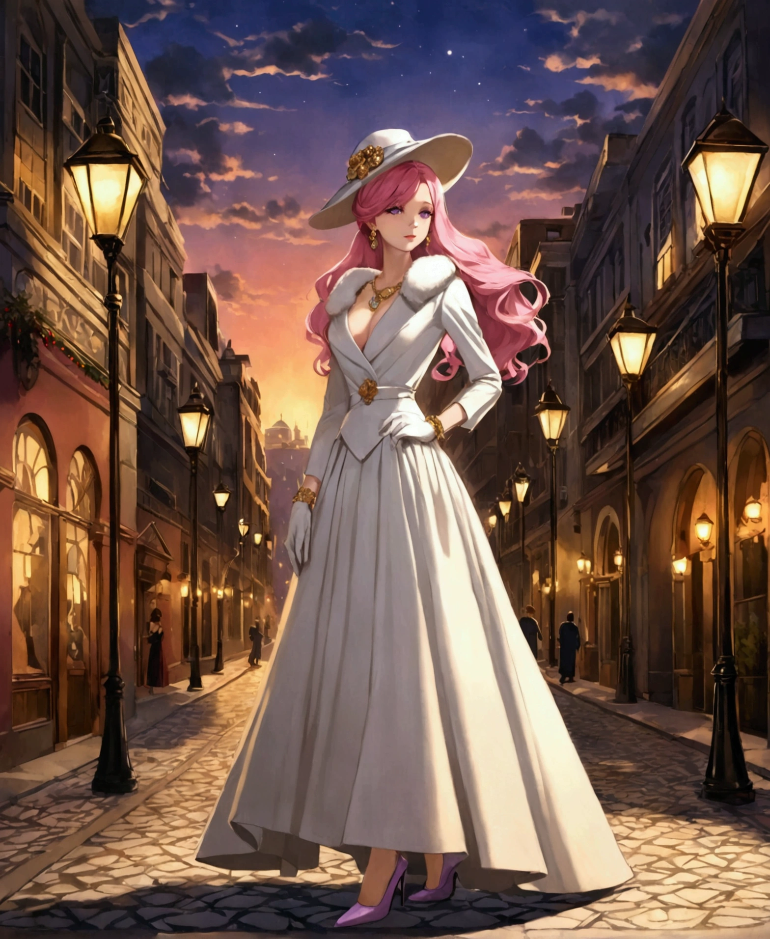 In a large square, in a world inspired by the second world war, in a ucrony, sunset, street lamps, victory event, lavish decorations, large buildings around, trees on ornate sidewalks, festive atmosphere, mist surrounding the landscape, proud, imposing, looking at the horizon, with her back turned, /(spotlight on her back), a beautiful 24 year old woman, /(Pale white skin, extremely long pink hair combed in two pigtails and a lock over the left eye, violet eyes,), /(Hourglass shaped body, medium hips, medium waist, shapely legs, big chest, small hands, slender fingers, Greek nose, almond eyes,), (Refined sixties European style ball gown: long sleeve fitted blouse, long skirt with pleats, fur coat, medium stiletto shoes, brooches in hair, gloves, necklace with diamonds, bracelets on wrists, refined hat, earrings,),