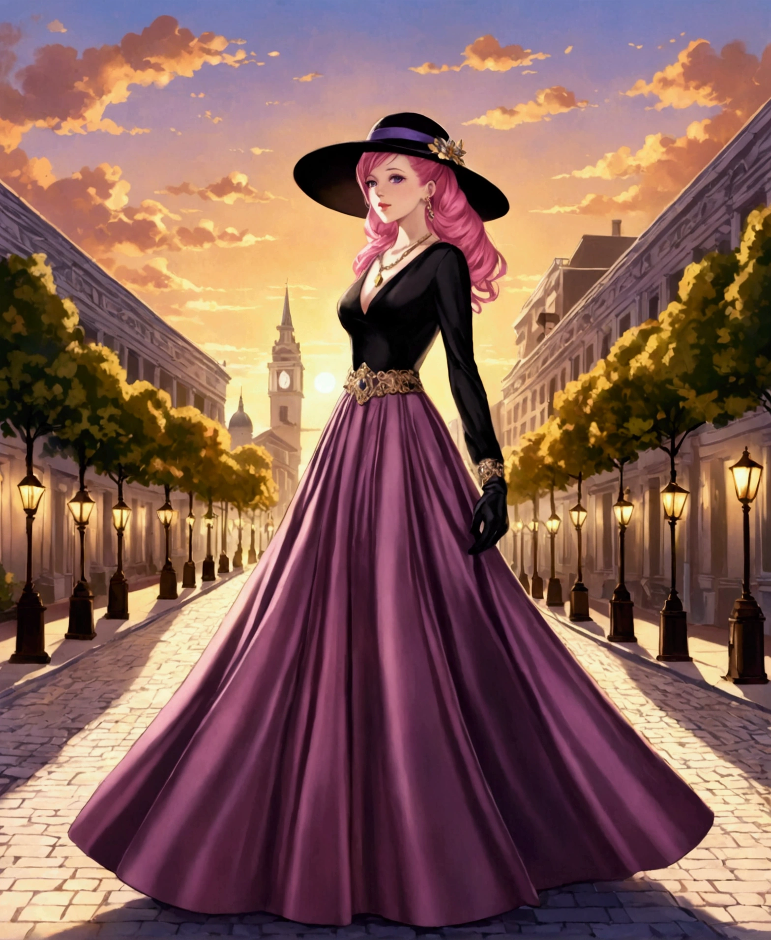 In a large square, in a world inspired by the second world war, in a ucrony, sunset, street lamps, victory event, lavish decorations, large buildings around, trees on ornate sidewalks, festive atmosphere, mist surrounding the landscape, proud, imposing, looking at the horizon, with her back turned, /(spotlight on her back), a beautiful 24 year old woman, /(Pale white skin, extremely long pink hair combed in two pigtails and a lock over the left eye, violet eyes,), /(Hourglass shaped body, medium hips, medium waist, shapely legs, big chest, small hands, slender fingers, Greek nose, almond eyes,), (Refined sixties European style ball gown: long sleeve fitted blouse, long skirt with pleats, fur coat, medium stiletto shoes, brooches in hair, gloves, necklace with diamonds, bracelets on wrists, refined hat, earrings,),
